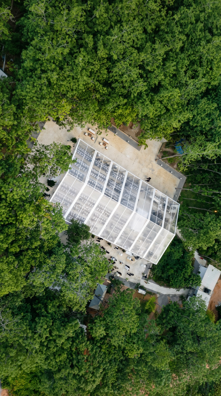 The transparent marquee at Ten Acres, surrounded by forest