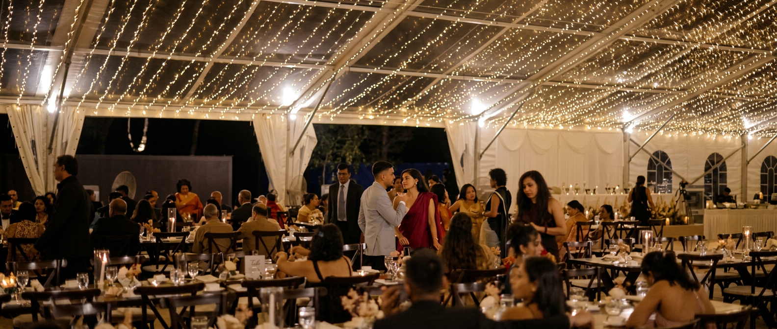 The reception set beneath the marquee