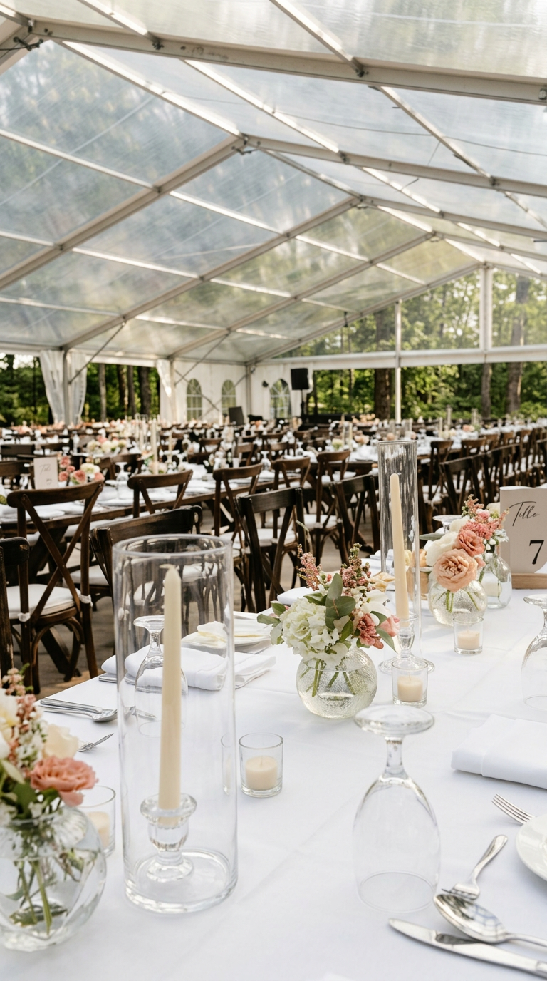 The marquee with its sides raised, open to the surrounding trees