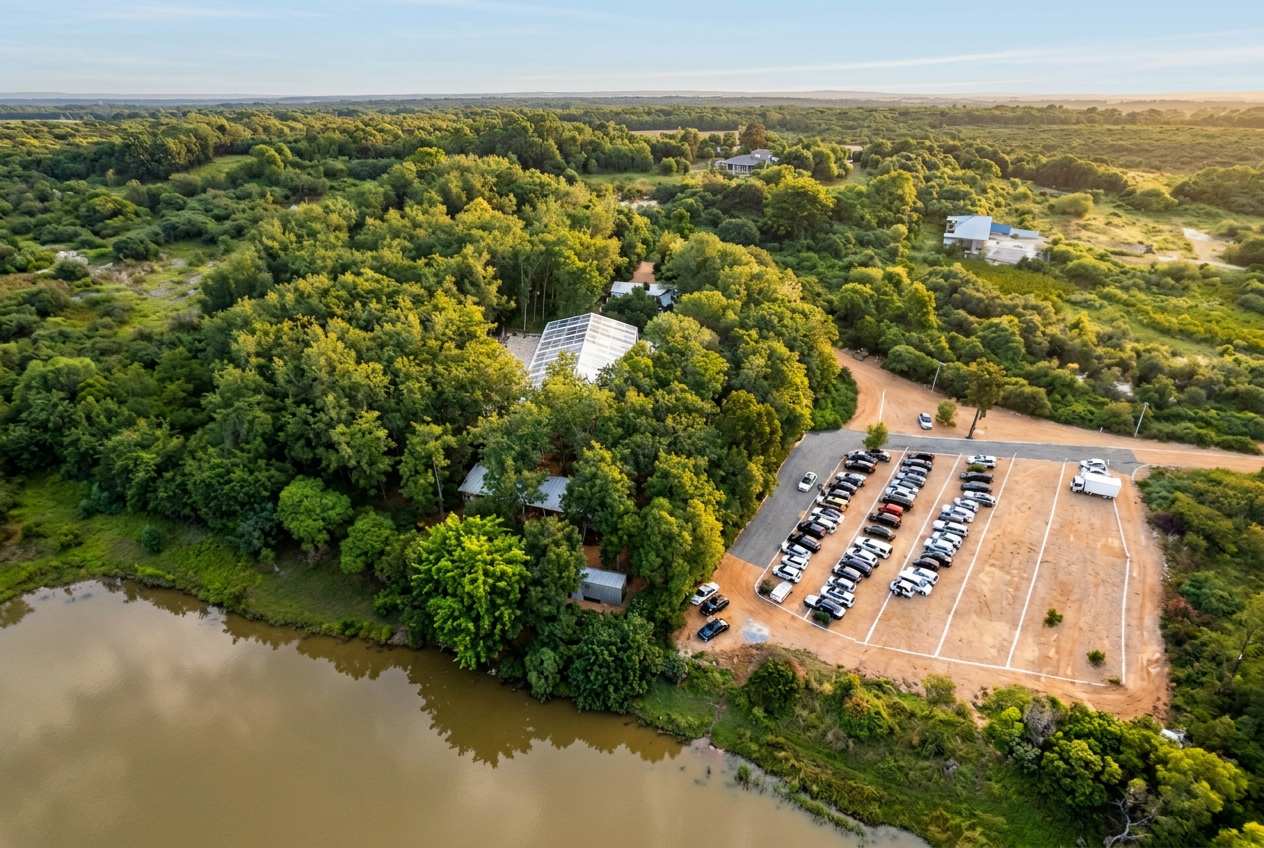 Aerial view of the private ten acre outdoor wedding venue near Colombo, Sri Lanka, with forest around the marquee